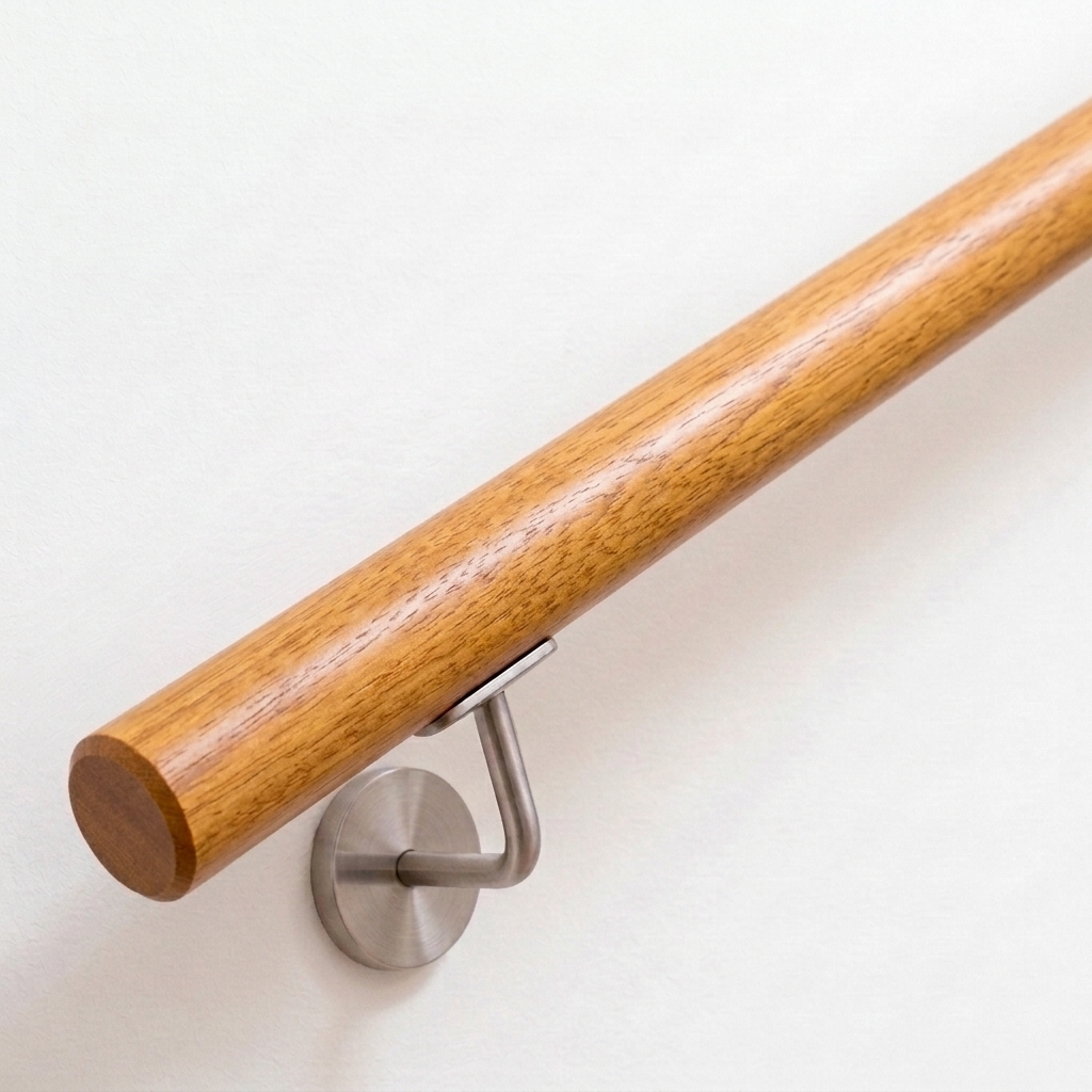 Handlauf Kambala rund in goldbraunem Holz mit Edelstahl-Handlaufhalter an weißer Wand, Ende gerade, Ansicht schräg von oben