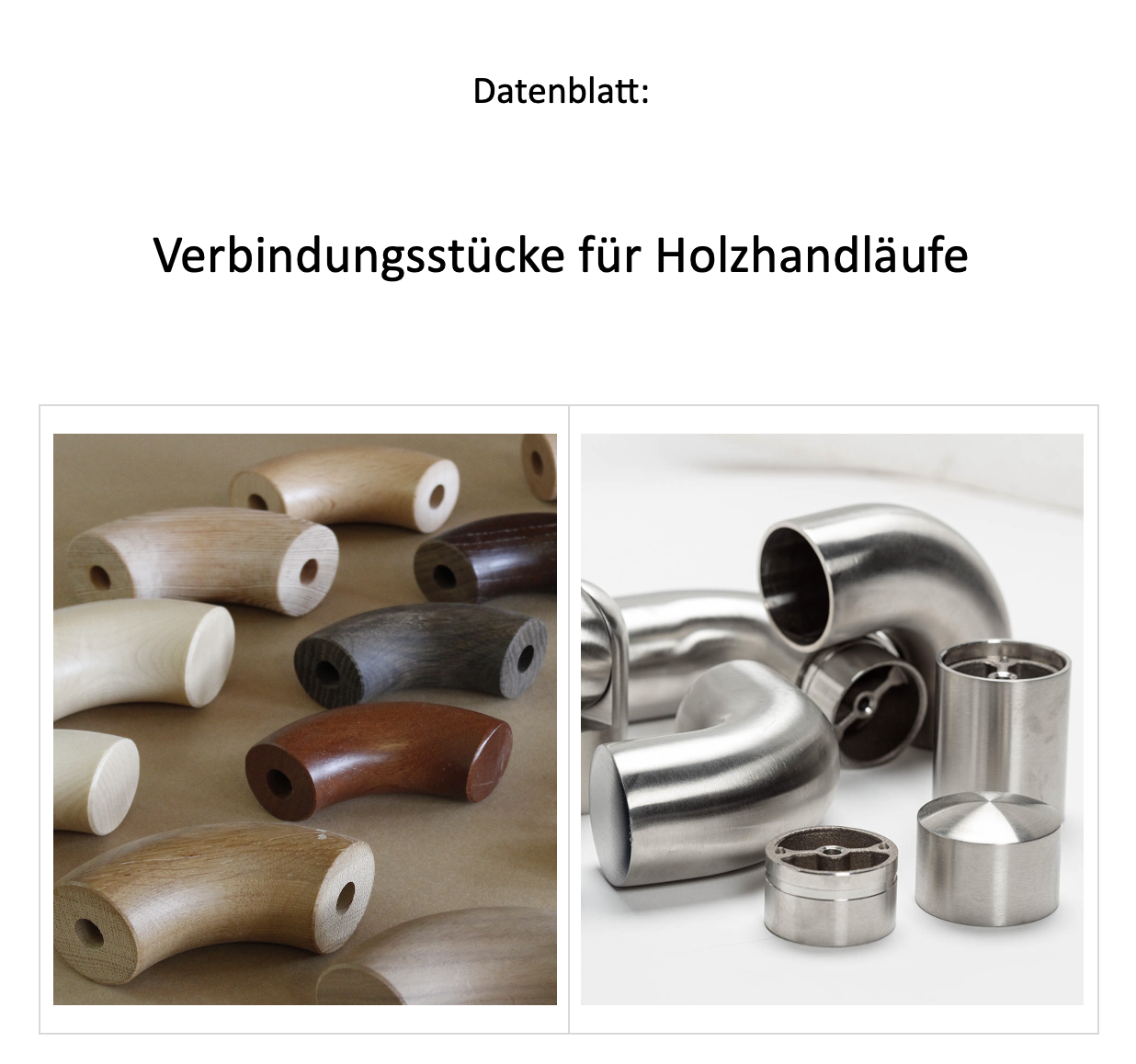 Datenblatt Verbindungsstücke für Holzhandläufe: Titelseite mit Holzbögen in mehreren Holzarten und Edelstahl-Verbindern