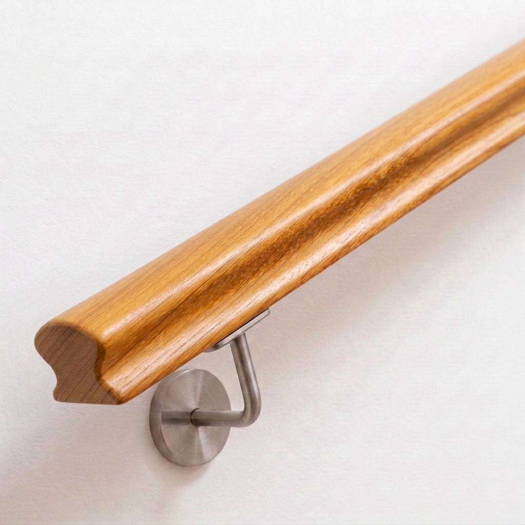 Handlauf Kambala omega mit profiliertem Querschnitt in goldbraunem Holz, Edelstahl-Handlaufhalter an weißer Wand, Ende gerade