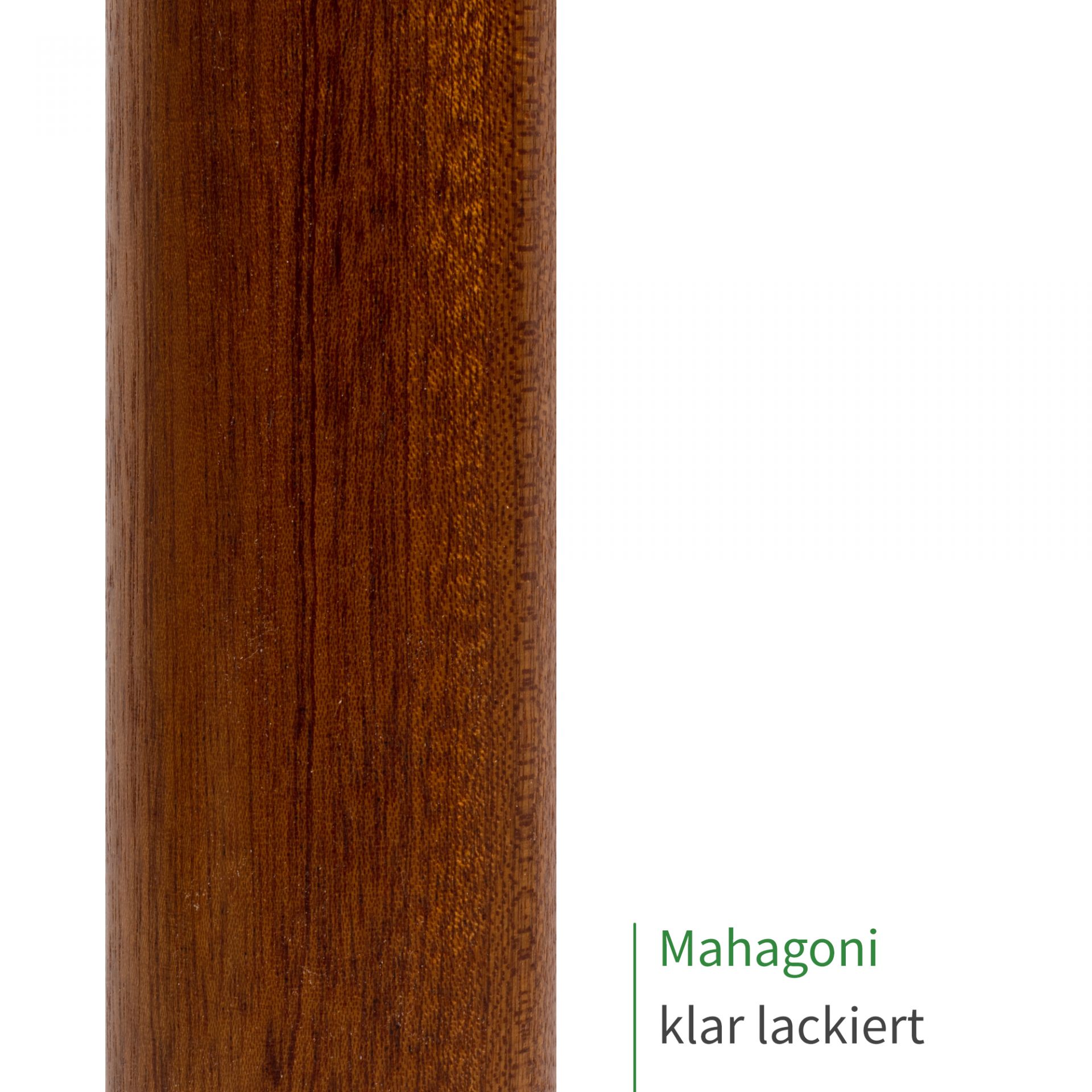Handlauf Mahagoni klar lackiert, Oberflächenmuster: Ausschnitt eines Holzhandlaufs mit tief rotbrauner, glänzender Maserung