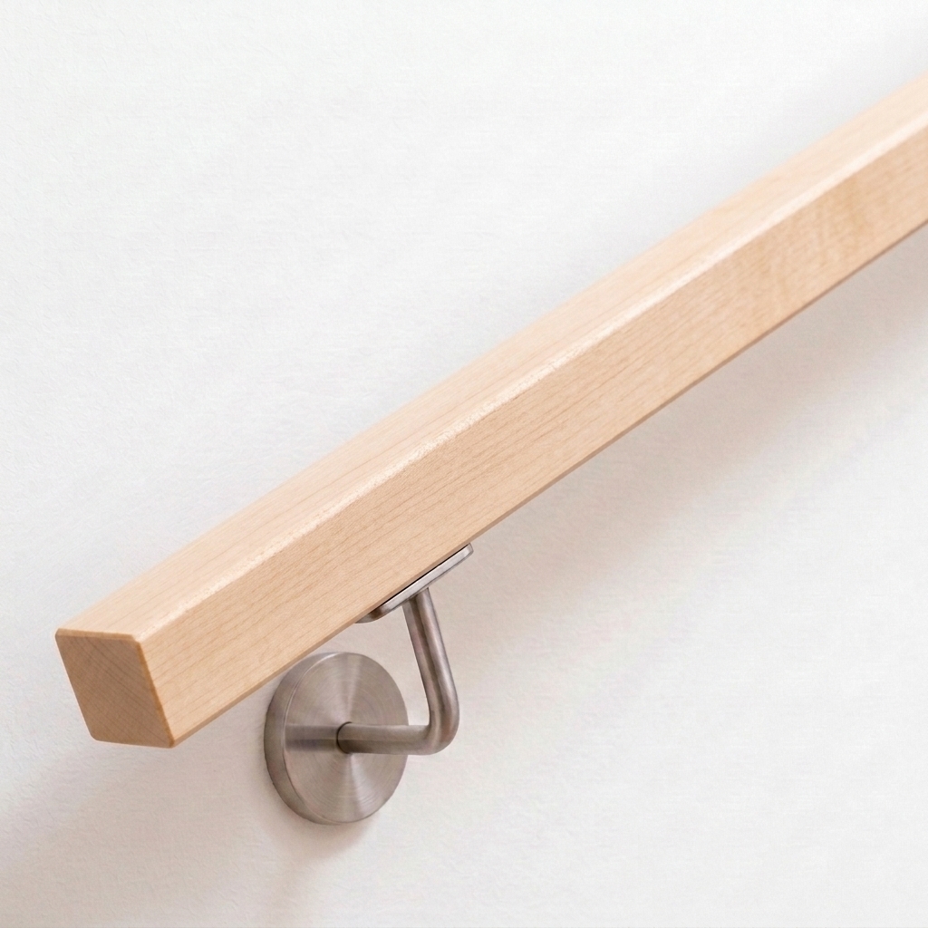 Handlauf Ahorn quadratisch an weißer Wand mit Edelstahl-Handlaufhalter, helles Holz natur, Schrägansicht