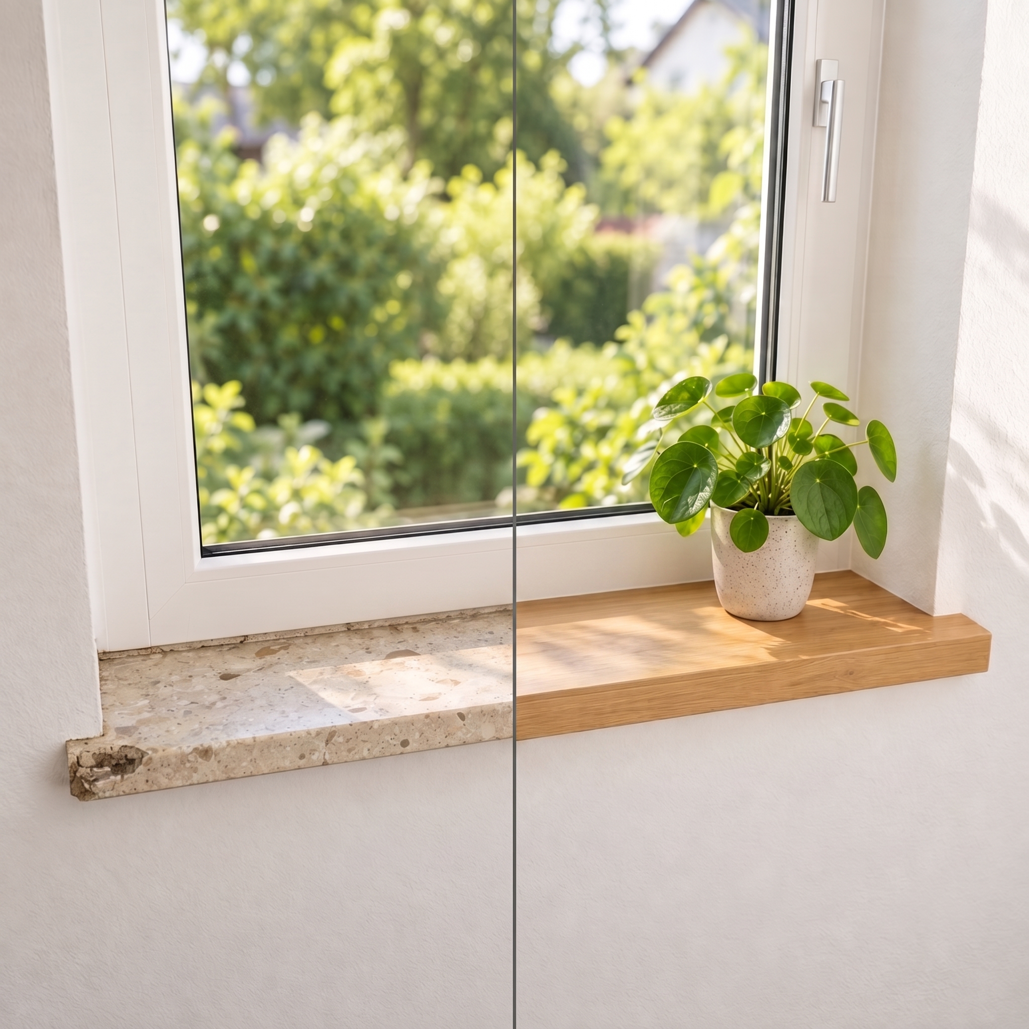 Renovierungsfensterbank Eiche natur am Fenster, Vorher-Nachher: alte Steinfensterbank links, helle Eichenauflage rechts