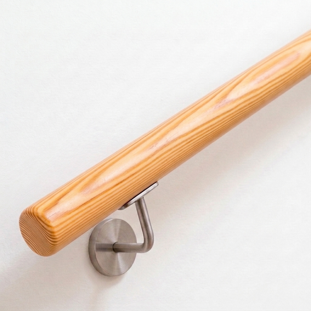 Handlauf Kiefer rund mit gelblicher Maserung und Edelstahl-Handlaufhalter an weißer Wand, Ende gerade, Ansicht schräg