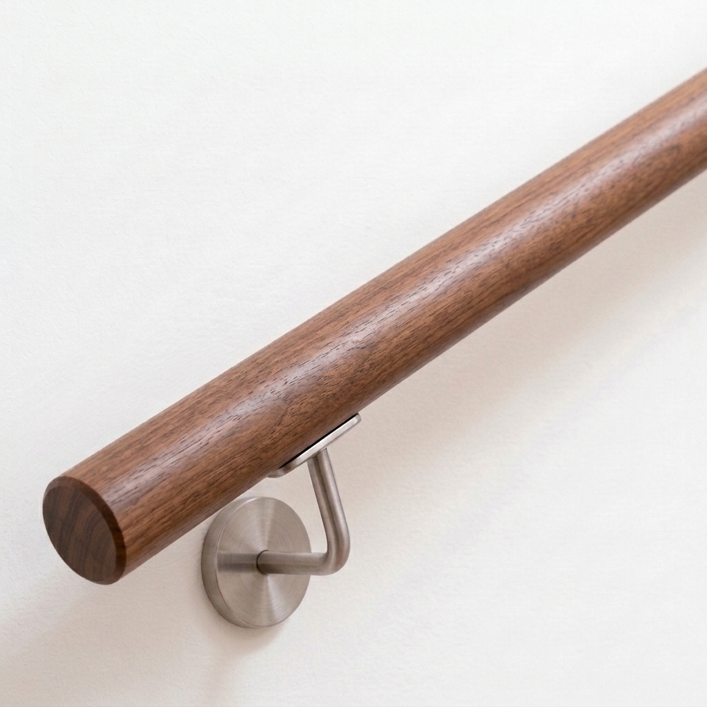 Handlauf Nussbaum rund in dunkelbraunem Holz mit Edelstahl-Handlaufhalter an weißer Wand, Ende gerade, Ansicht schräg