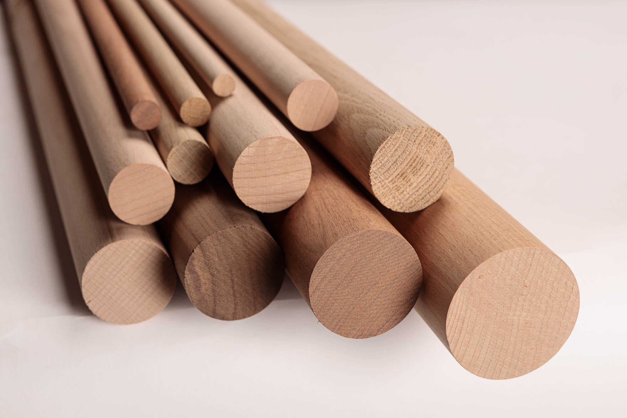 Rundstäbe Holz in verschiedenen Durchmessern gebündelt, helle Rundhölzer mit sichtbaren Stirnseiten, freigestellt