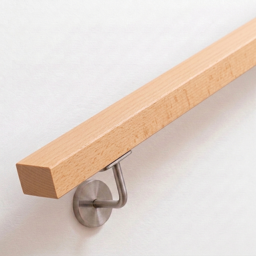 Handlauf Buche rechteckig in hellem Holz mit Edelstahl-Handlaufhalter an weißer Wand, Ende gerade, Ansicht schräg von oben