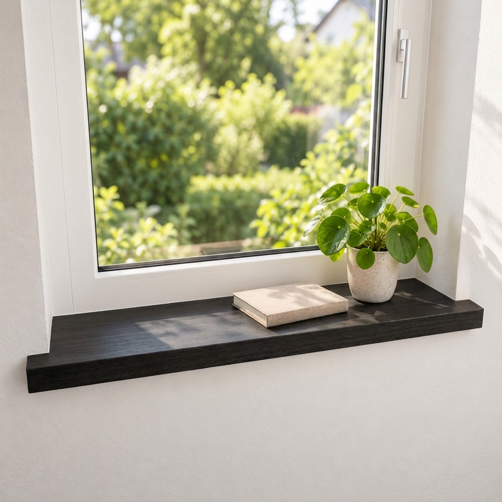 Renovierungsfensterbank Buche schwarz gebeizt, Massivholz, vor weißem Fenster mit Gartenblick, Pilea im weißen Topf