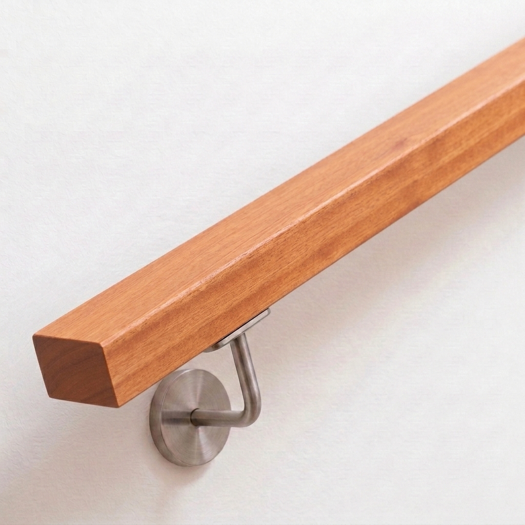Handlauf Kirsche rechteckig in warmem rötlichem Holz mit Edelstahl-Handlaufhalter an weißer Wand, Ende gerade, Ansicht schräg