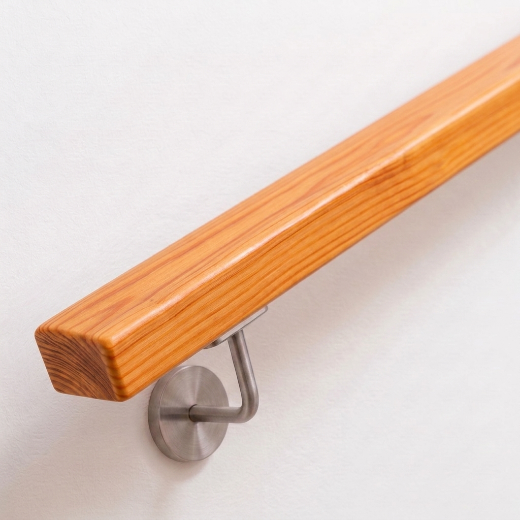 Handlauf Lärche rechteckig mit rötlich-gelber Maserung und Edelstahl-Handlaufhalter an weißer Wand, Ende gerade