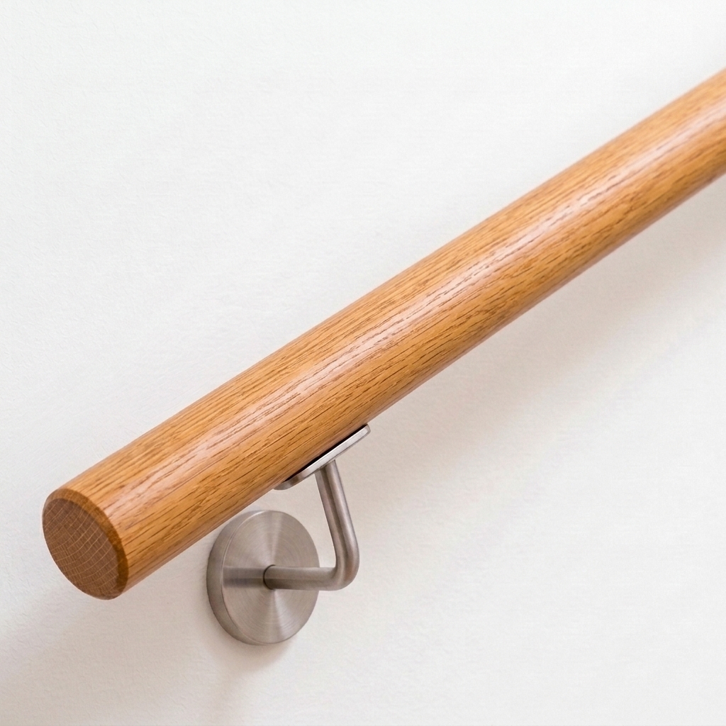 Handlauf Roteiche rund mit rötlich-brauner Maserung und Edelstahl-Handlaufhalter an weißer Wand, Ende gerade, Ansicht schräg