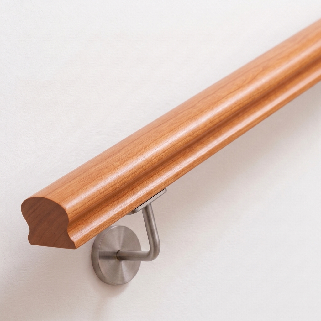 Handlauf Kirsche omega mit profiliertem Querschnitt in rötlichem Holz, Edelstahl-Handlaufhalter an weißer Wand, Ende gerade