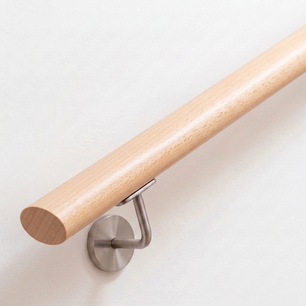Handlauf Buche oval an weißer Wand mit Edelstahl-Handlaufhalter, rötlich-helles Holz natur, Schrägansicht