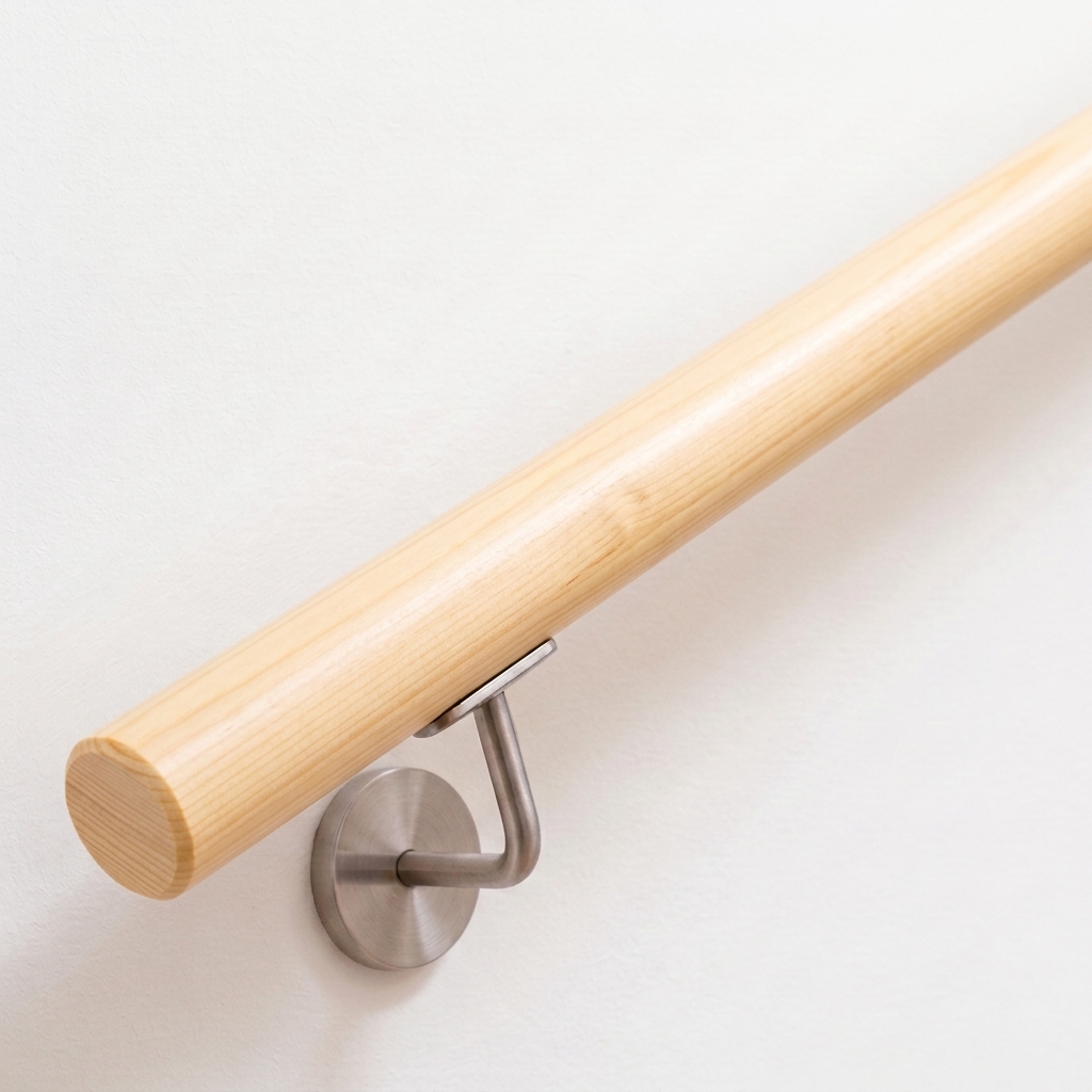 Handlauf Fichte Tanne rund in hellem Nadelholz mit Edelstahl-Handlaufhalter an weißer Wand, Ende gerade, Ansicht schräg