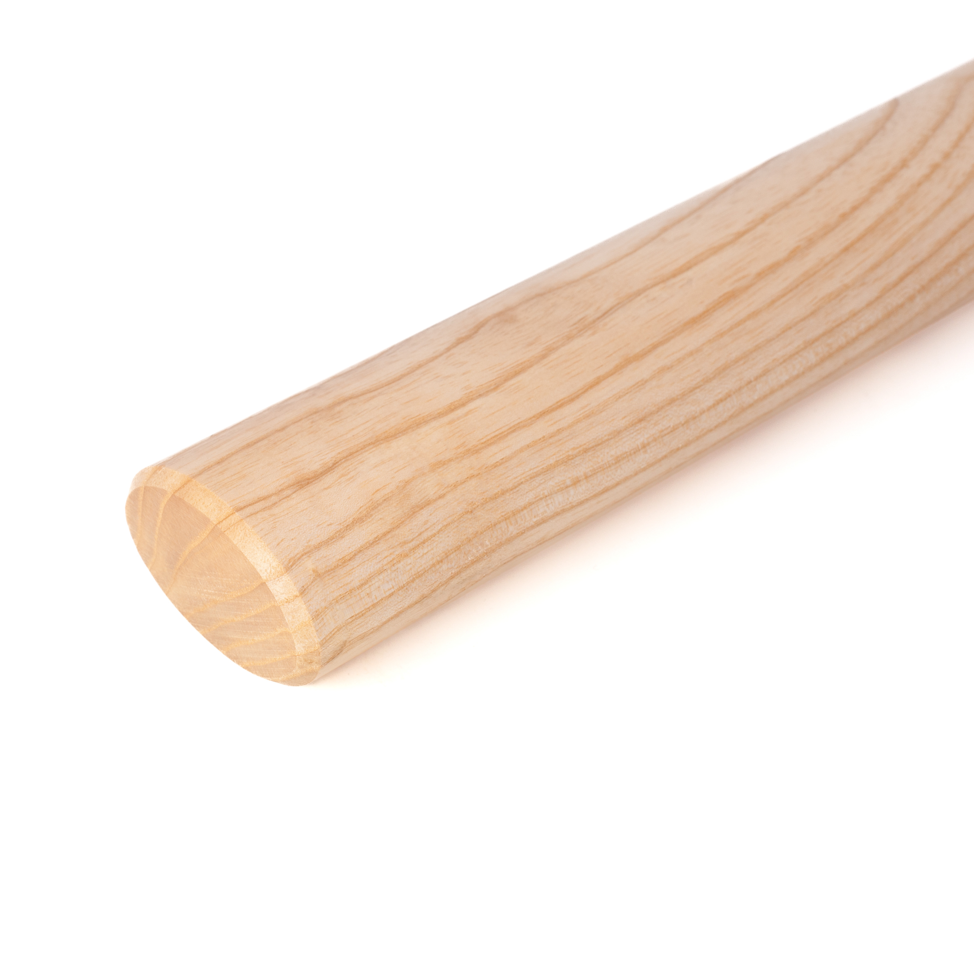 Handlauf Esche oval mit Abschluss Fase 3 mm, Nahaufnahme des Handlaufendes mit leicht gefaster Kante, helles Holz