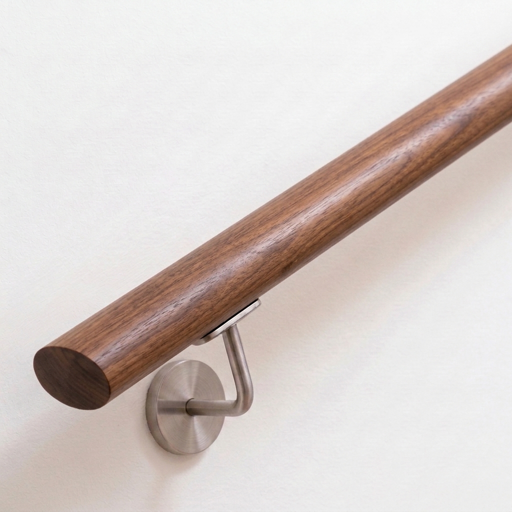 Handlauf Nussbaum oval an weißer Wand mit Edelstahl-Wandhalter, dunkelbraunes Holz mit gerader Stirnseite