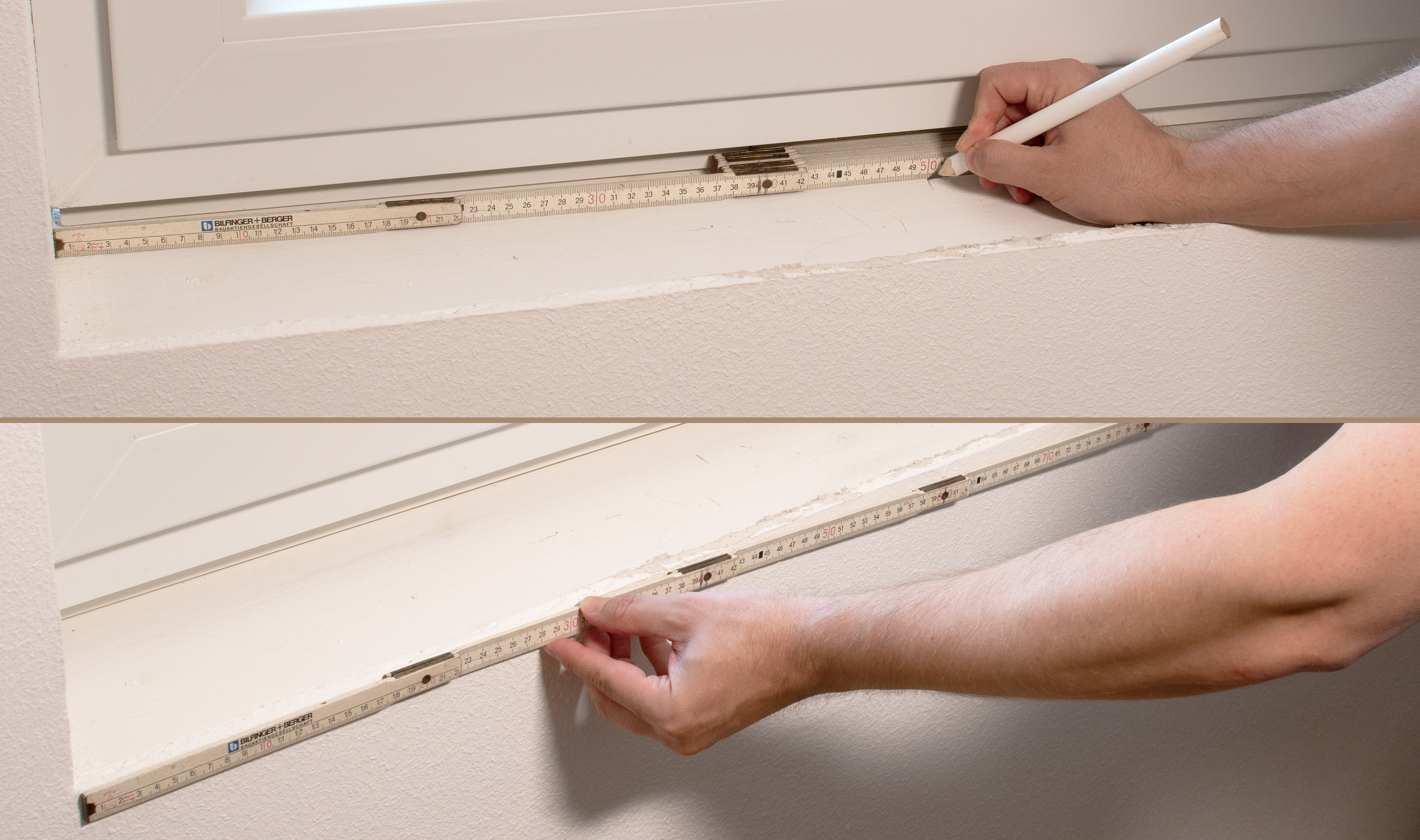 Fensterbank ausmessen: Hand misst Fensterlaibung mit Zollstock und markiert die Breite mit Bleistift, zwei Arbeitsschritte