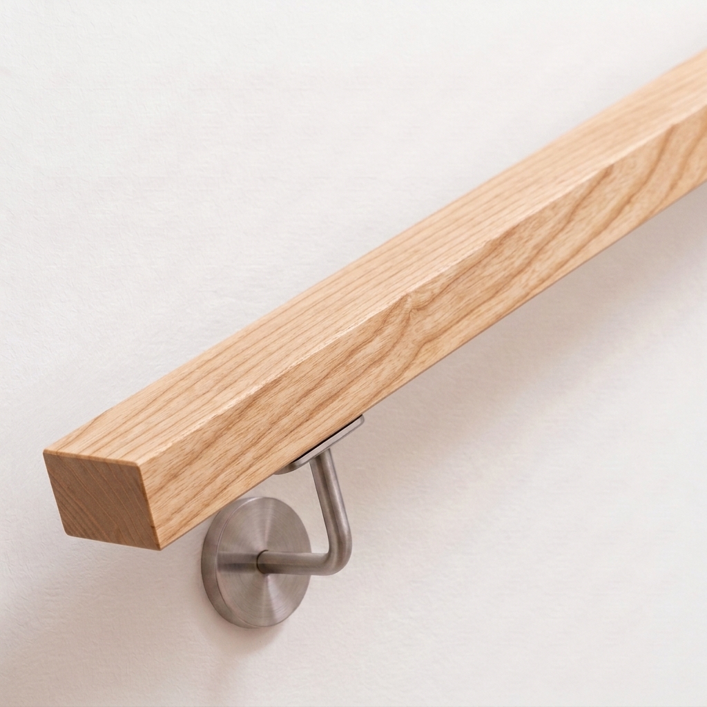 Handlauf Esche rechteckig in hellem Holz mit Maserung und Edelstahl-Handlaufhalter an weißer Wand, Ende gerade