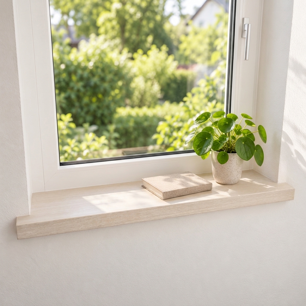 Renovierungsfensterbank Buche weiß gebeizt, Massivholz, vor weißem Fenster mit Gartenblick, Pilea im weißen Topf