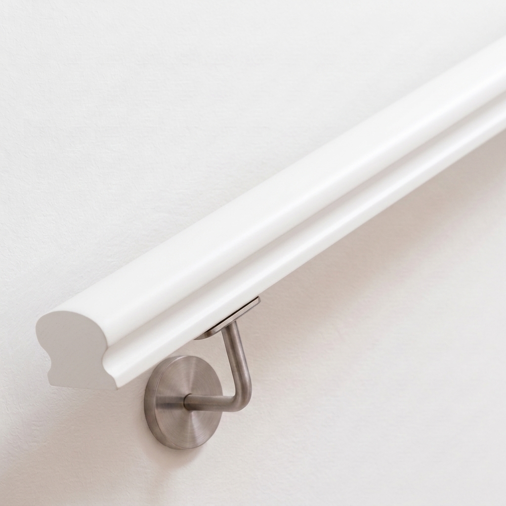 Handlauf Buche omega weiß lackiert mit profiliertem Querschnitt, Edelstahl-Handlaufhalter an weißer Wand, Ende gerade