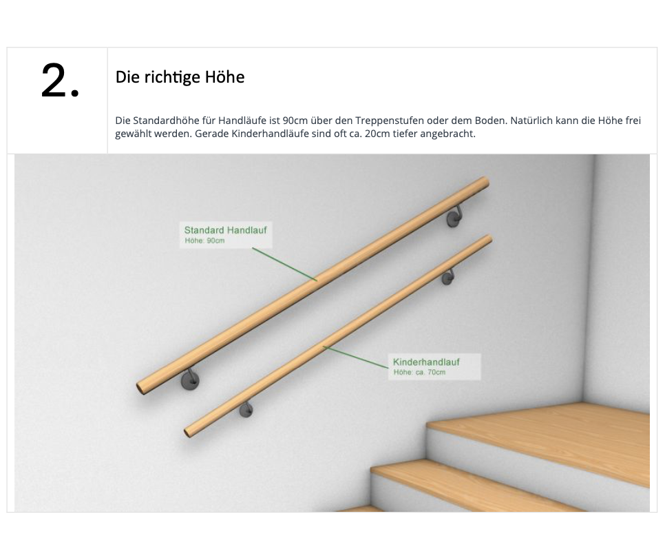 Montageanleitung Handlauf Schritt 2 Die richtige Höhe: Standardhöhe 90 cm, Kinderhandlauf ca. 70 cm, Rendering an der Wand