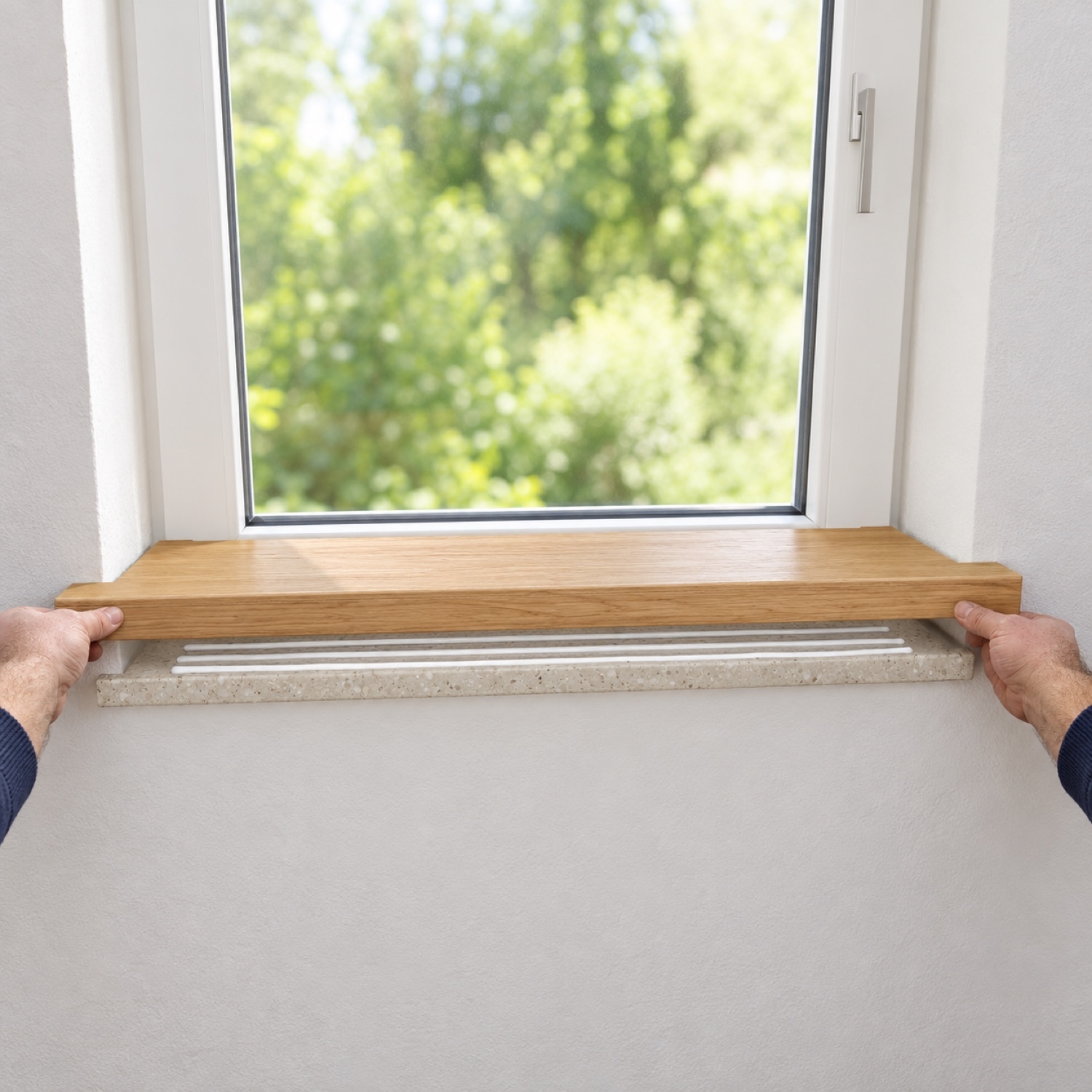 Renovierungsfensterbank Eiche natur wird mit beiden Händen auf die alte Steinfensterbank am Fenster aufgelegt