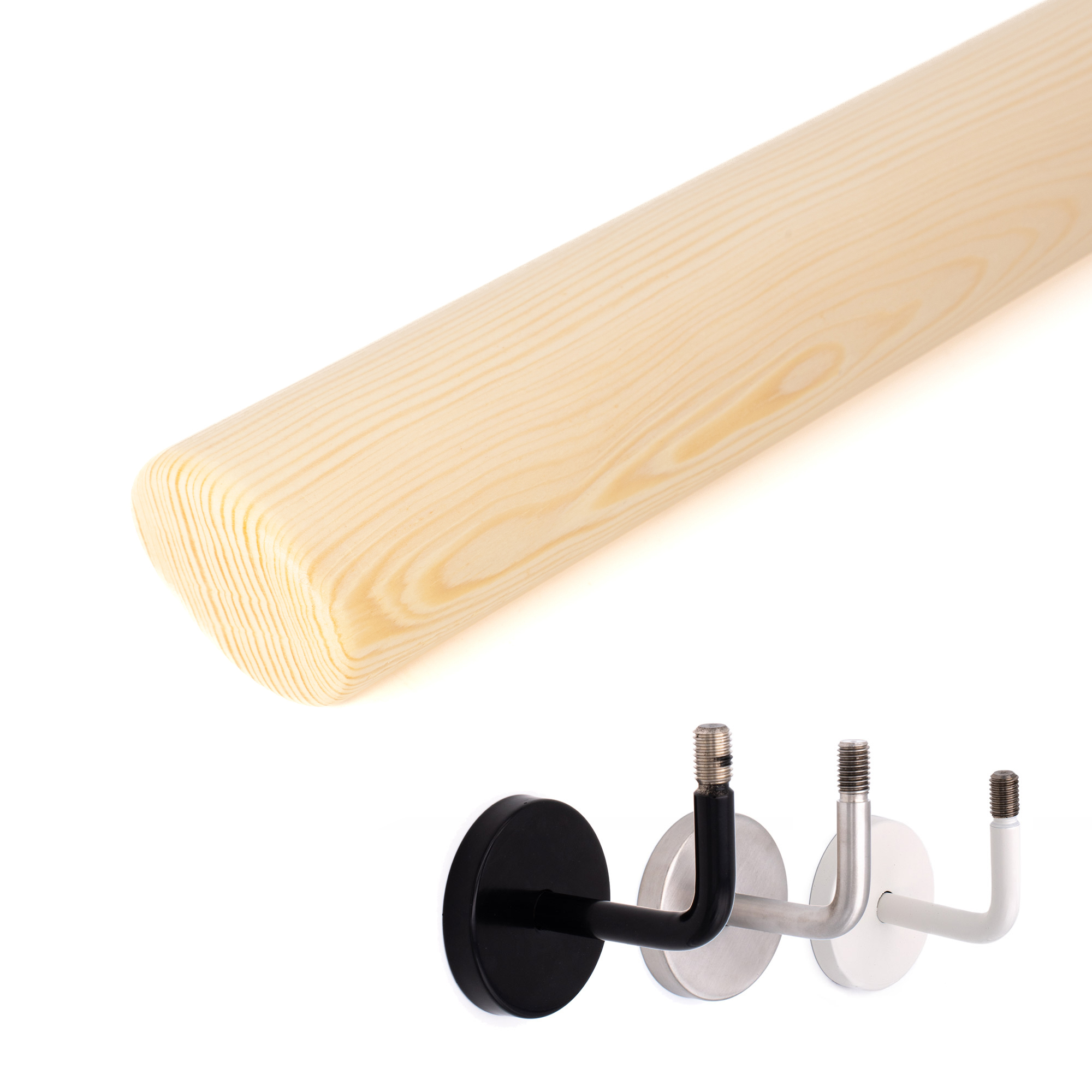 Handlauf Fichte oval: Holzhandlauf mit ovalem Profil in Fichte natur, daneben Handlaufhalter in Schwarz, Edelstahl und Weiß