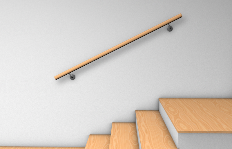 Holzhandlauf rund an der Wand mit zwei Handlaufhaltern entlang der Treppe, Rendering zur Position der Handlaufhalter