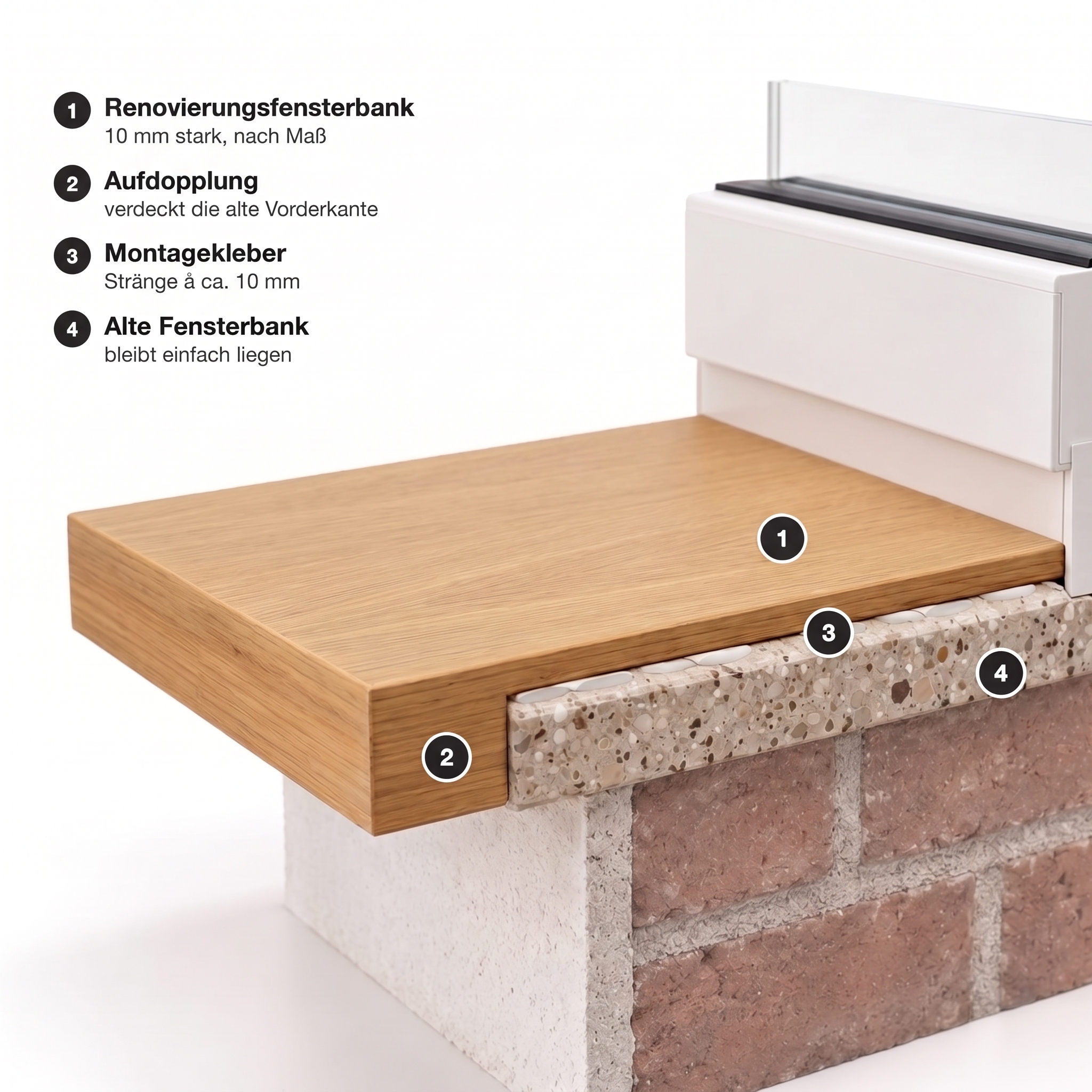 Renovierungsfensterbank Massivholz, Funktionsskizze: 10 mm starke Holzplatte mit Aufdopplung auf alter Fensterbank verklebt