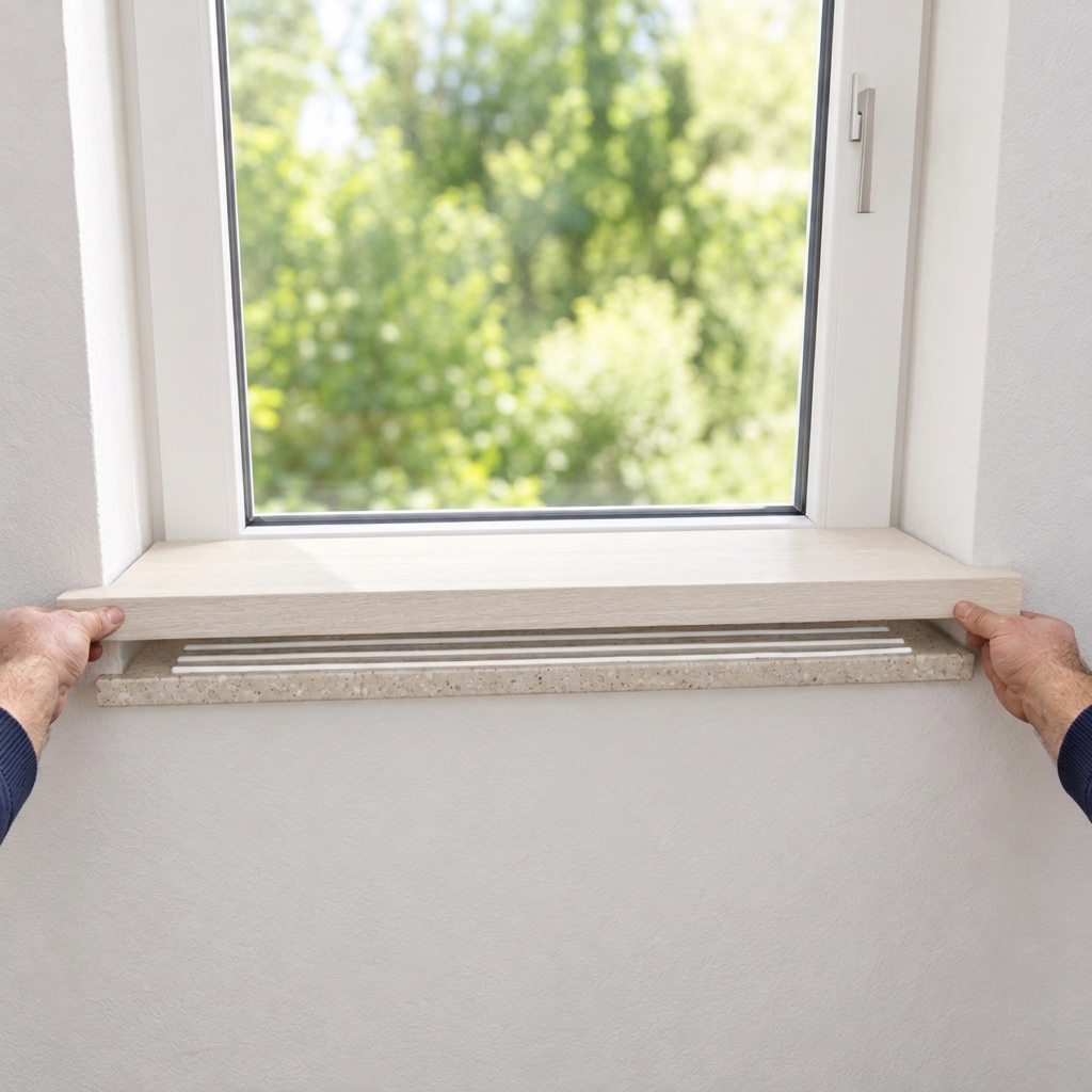 Renovierungsfensterbank Buche weiß gebeizt wird mit beiden Händen auf die alte Steinfensterbank am Fenster aufgelegt
