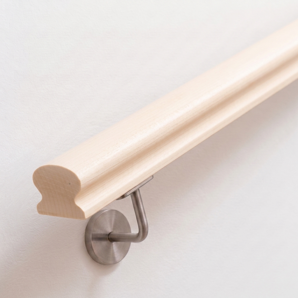 Handlauf Ahorn omega an weißer Wand mit Edelstahl-Handlaufhalter, helles Holz natur, Omega-Profil von unten