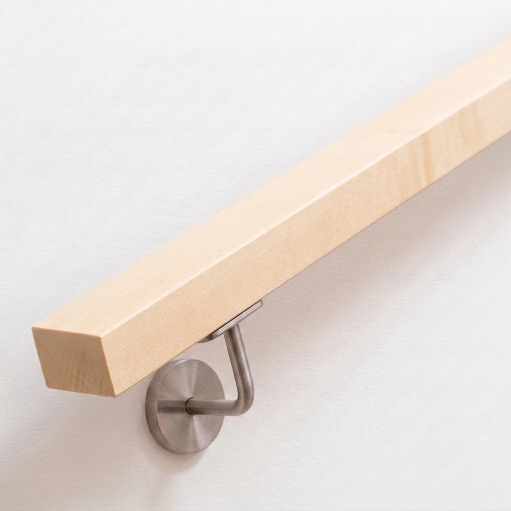 Handlauf Ahorn rechteckig in sehr hellem Holz mit Edelstahl-Handlaufhalter an weißer Wand, Ende gerade, Ansicht schräg