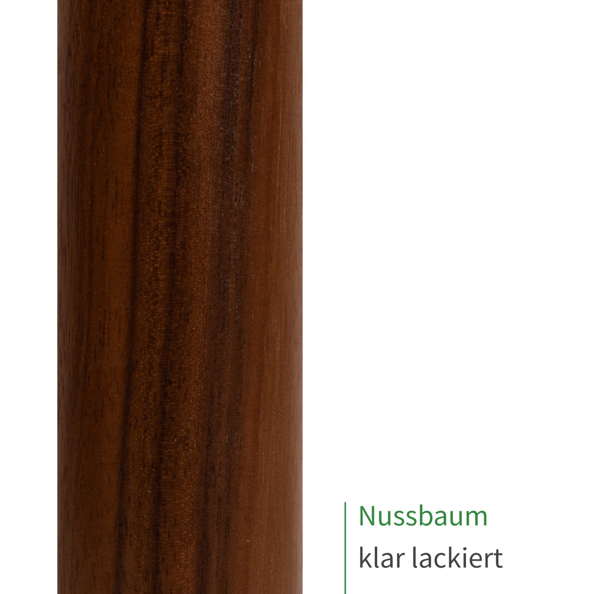 Handlauf Nussbaum klar lackiert, Oberflächenmuster: Ausschnitt eines Holzhandlaufs mit dunkelbrauner, glänzender Maserung