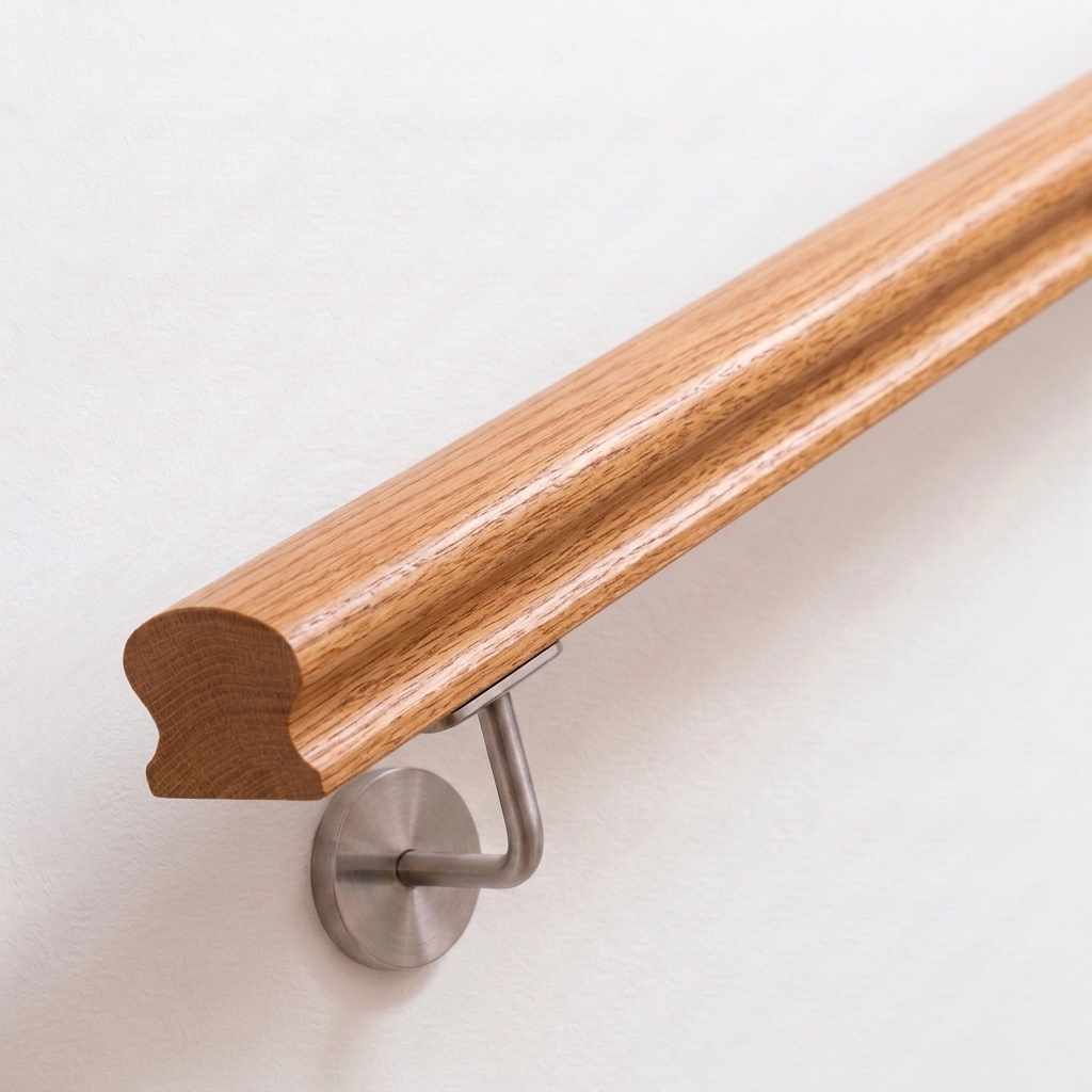 Handlauf Roteiche omega an weißer Wand mit Edelstahl-Wandhalter, rötlich-braune Maserung, gerades Ende