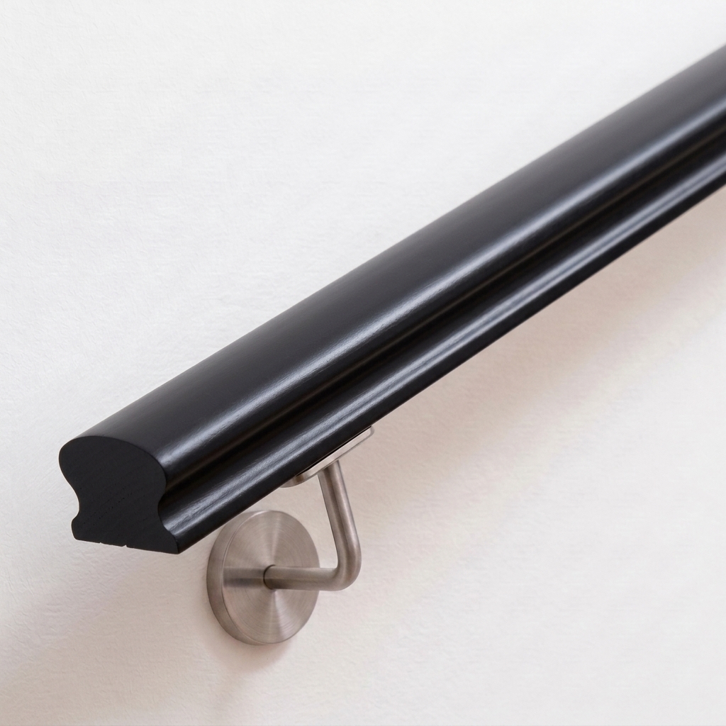 Handlauf Buche omega schwarz lackiert mit profiliertem Querschnitt, Edelstahl-Handlaufhalter an weißer Wand, Ende gerade