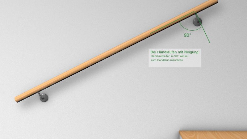 Handlaufhalter im 90-Grad-Winkel zum geneigten Handlauf: Rendering Holzhandlauf an der Wand mit Winkelangabe