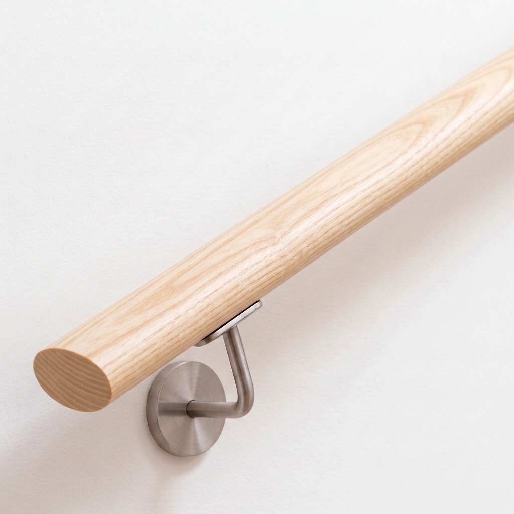 Handlauf Esche oval an weißer Wand mit Handlaufhalter Edelstahl, helles Holz mit feiner Maserung, Schrägansicht von unten