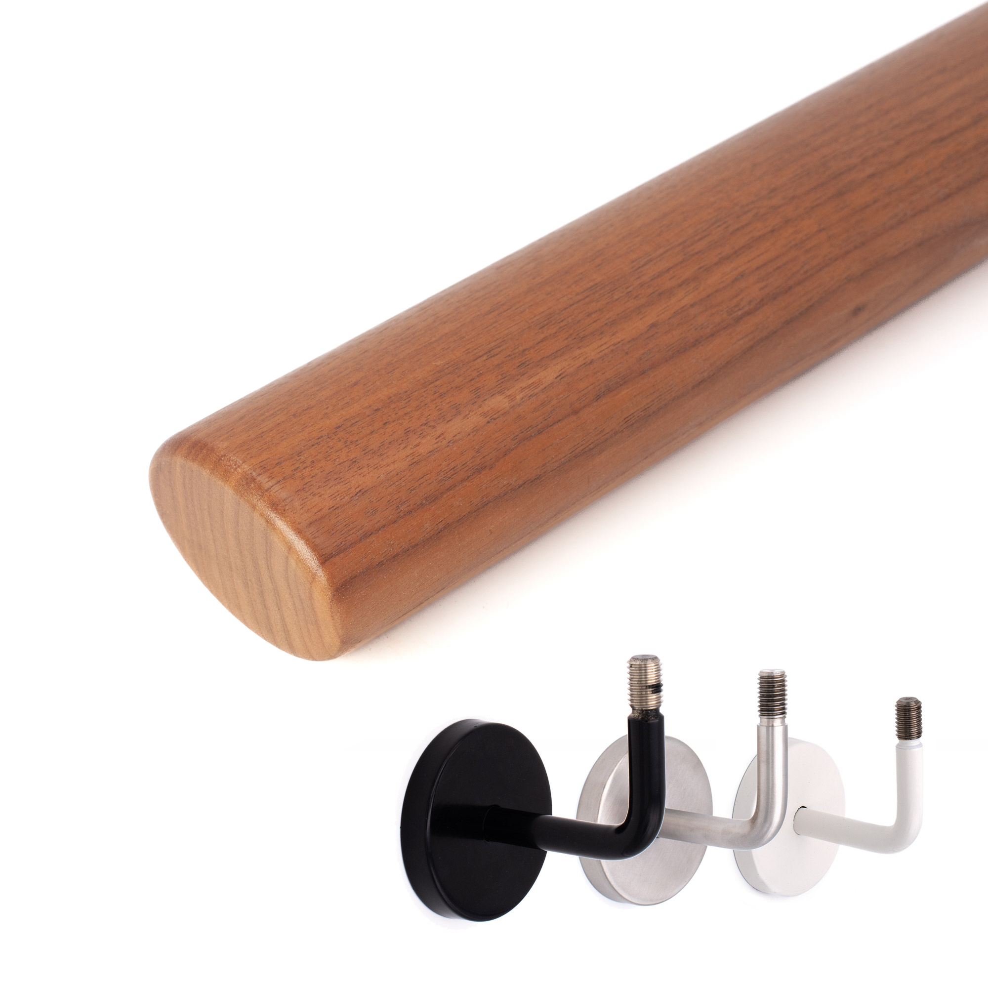 Handlauf Nussbaum oval, Freisteller mit ovalem Profil, darunter drei Handlaufhalter in Schwarz, Edelstahl und Weiß