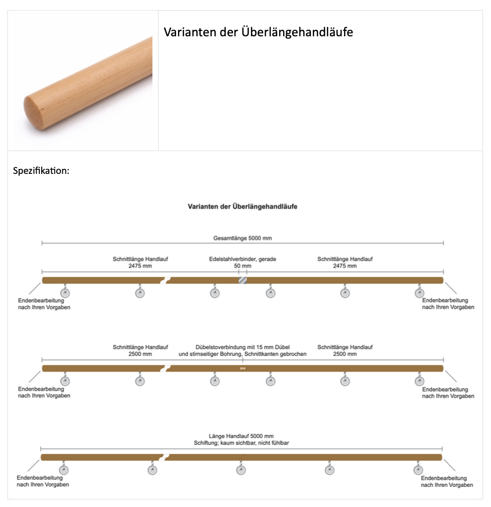 Datenblatt Varianten der Überlängehandläufe: Skizze 5000 mm Handlauf mit Edelstahlverbinder, Dübelstoß oder Schiftung