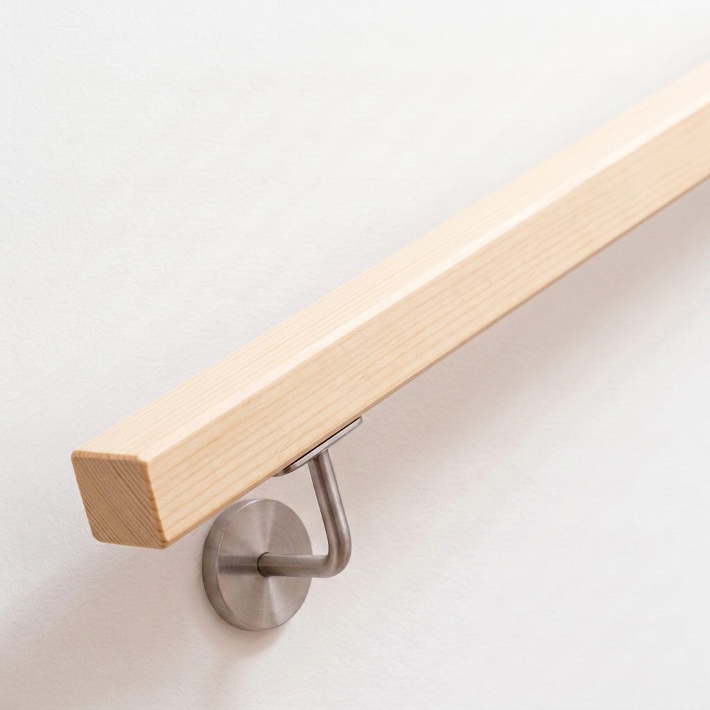 Handlauf Fichte quadratisch natur mit Edelstahl-Handlaufhalter an weißer Wand, Diagonalansicht, gerades Ende