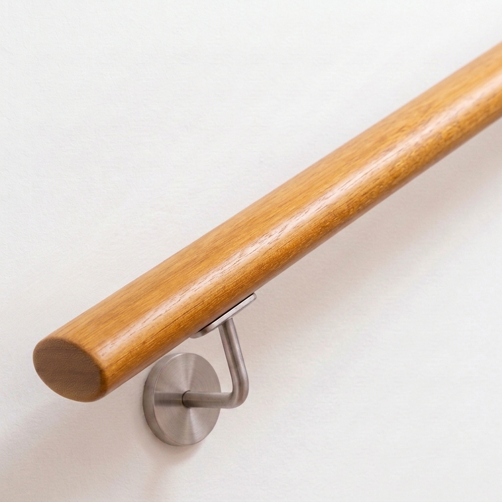 Handlauf Kambala oval in goldbraunem Holz mit Edelstahl-Handlaufhalter an weißer Wand, Ende gerade, Ansicht schräg von oben