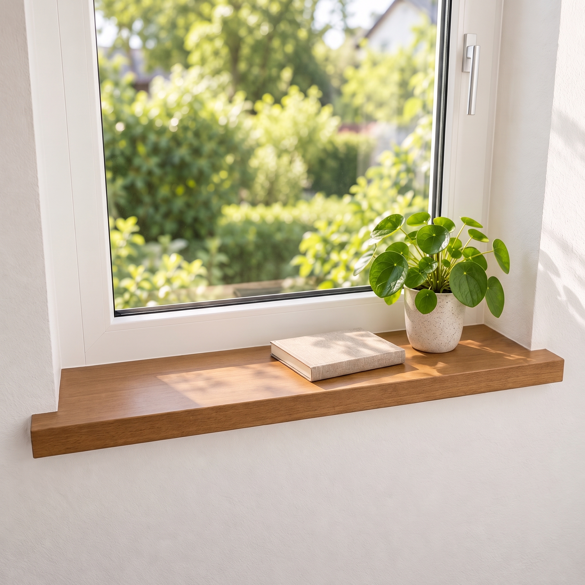 Renovierungsfensterbank Buche braun gebeizt, Massivholz, vor weißem Fenster mit Gartenblick, Pilea im weißen Topf