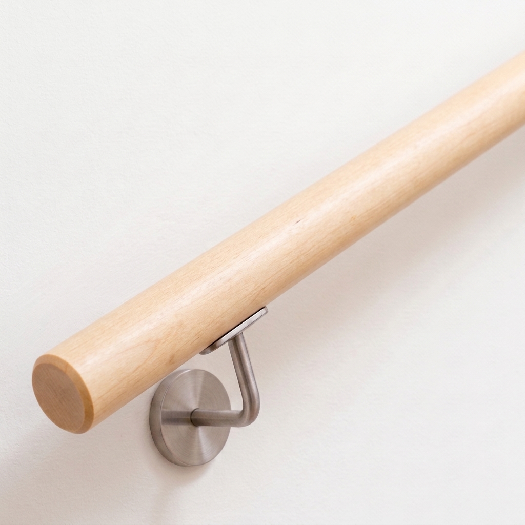 Handlauf Ahorn rund in sehr hellem Holz mit Edelstahl-Handlaufhalter an weißer Wand, Ende gerade, Ansicht schräg von oben