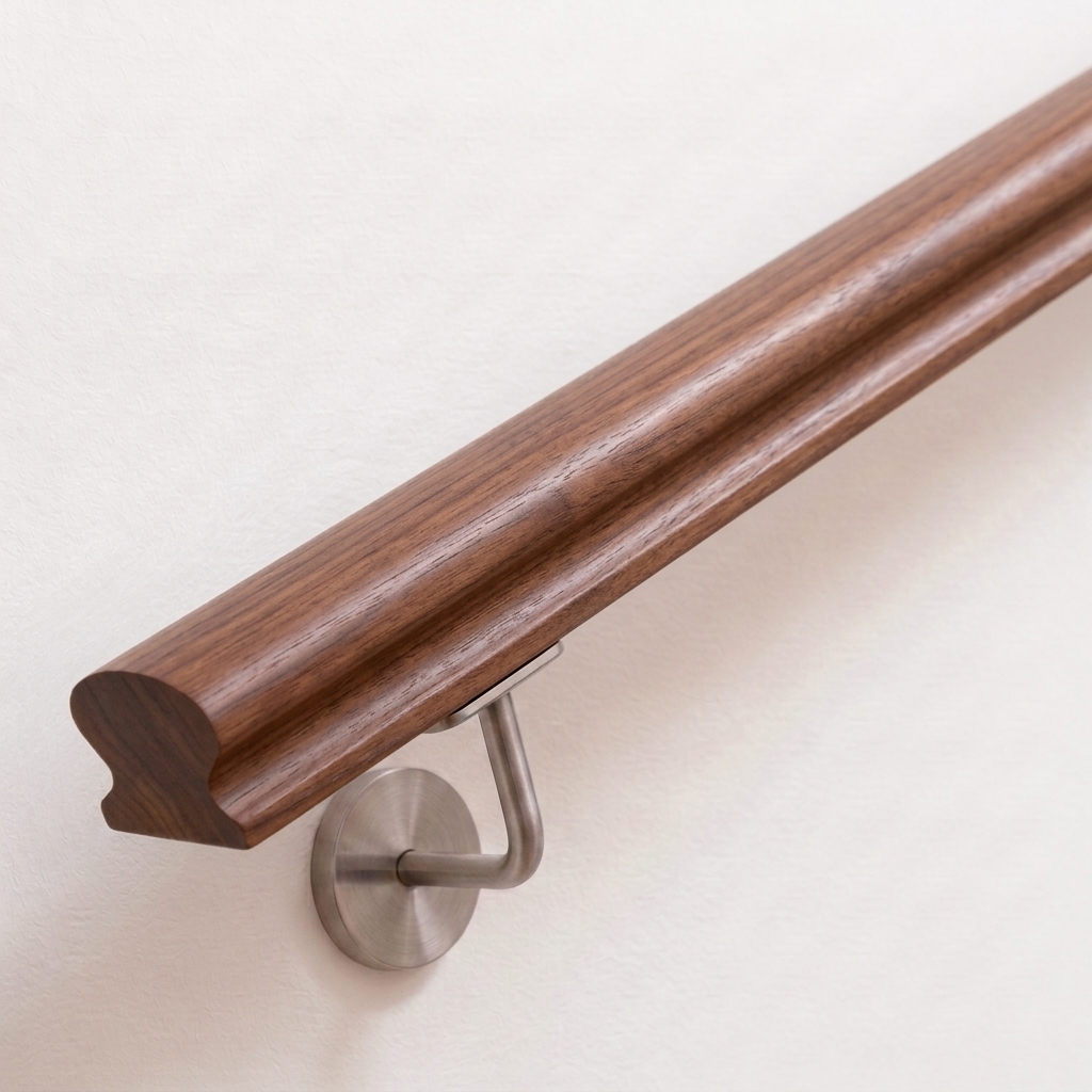 Handlauf Nussbaum omega an weißer Wand mit Edelstahl-Wandhalter, dunkelbraunes Holz mit gerader Stirnseite