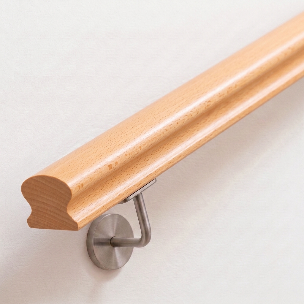 Handlauf Buche omega mit profiliertem Omega-Querschnitt in hellem Holz, Edelstahl-Handlaufhalter an weißer Wand, Ende gerade