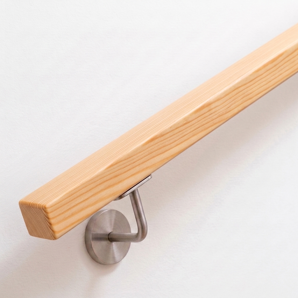 Handlauf Kiefer quadratisch in hellem Nadelholz mit Maserung, Edelstahl-Handlaufhalter an weißer Wand, Ende gerade