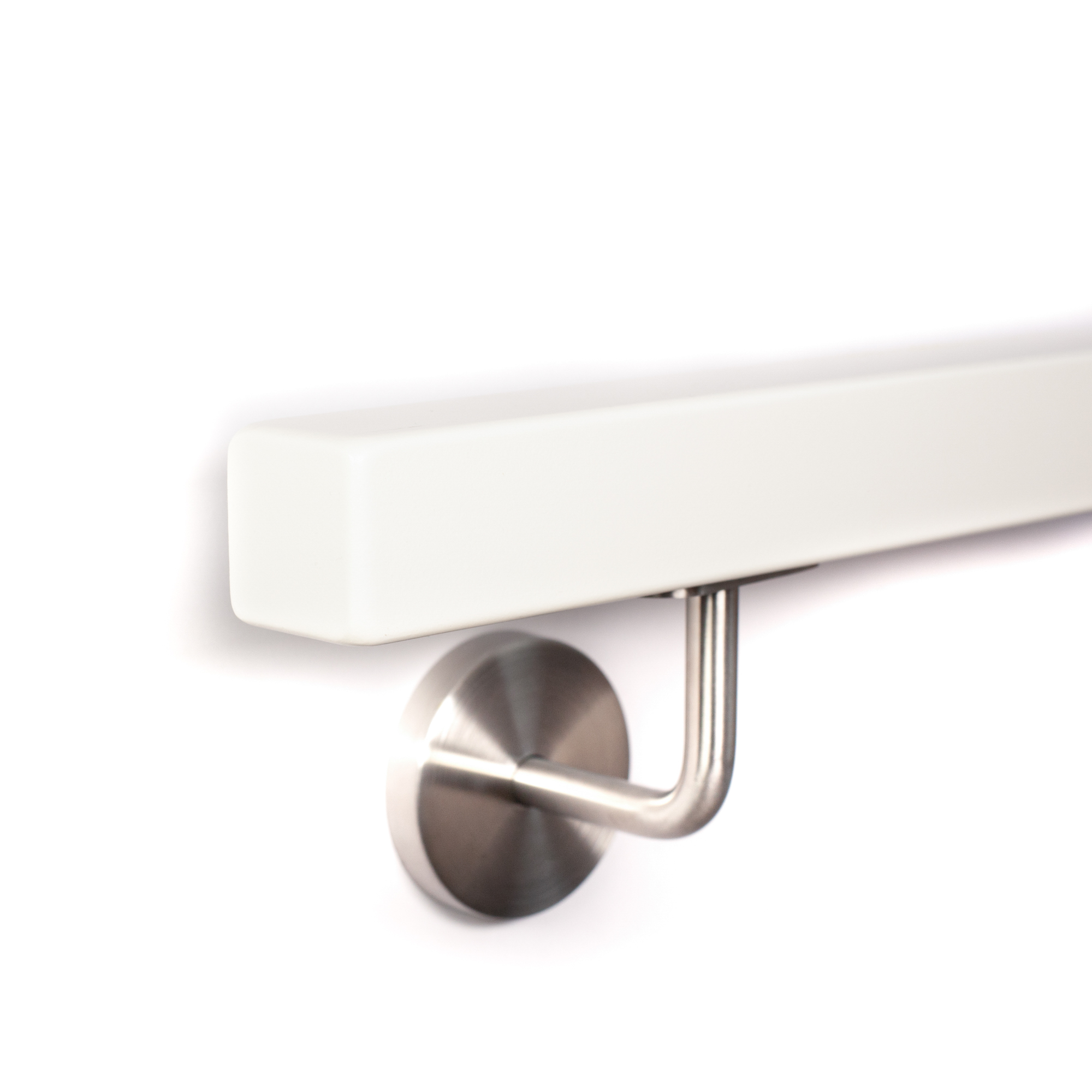 Handlauf Buche quadratisch weiß mit Edelstahl-Handlaufhalter, Abschluss mit Radius und gerundeten Kanten, Wandmontage