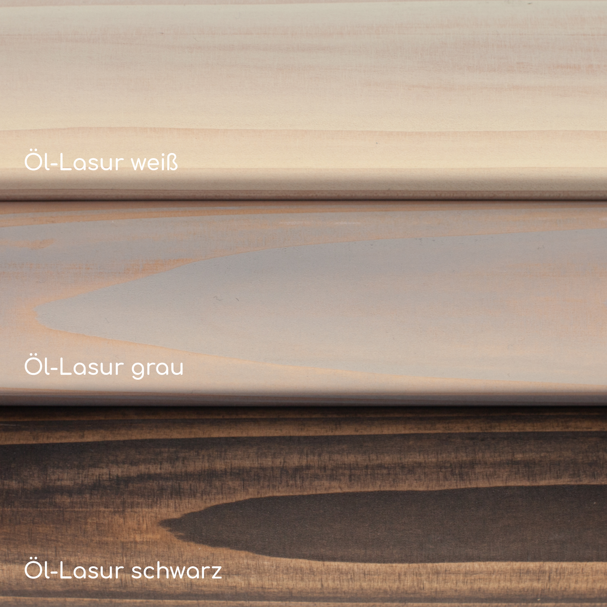 Handlauf Fichte Öl-Lasur Muster: drei Oberflächen Öl-Lasur weiß, grau und schwarz auf Fichtenholz im Vergleich
