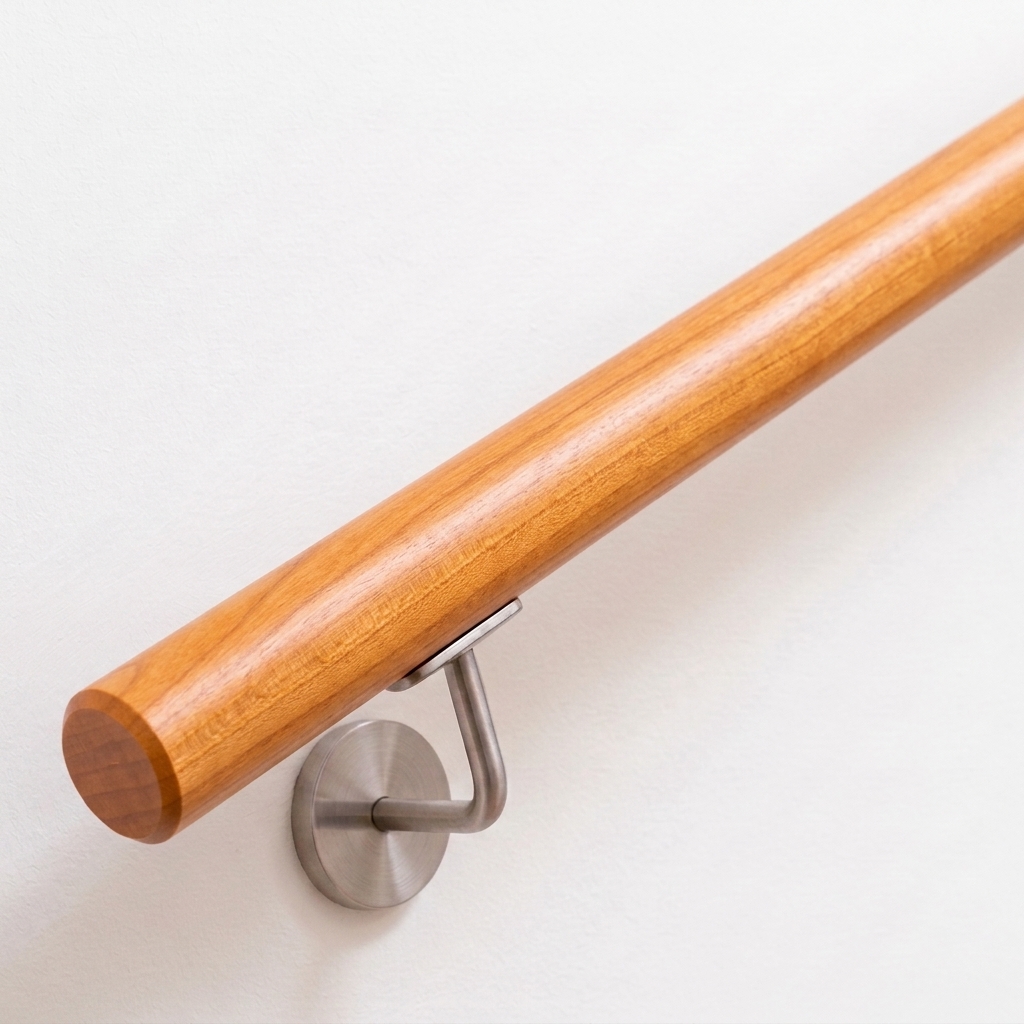 Handlauf Kirsche rund in warmem rötlichem Holz mit Edelstahl-Handlaufhalter an weißer Wand, Ende gerade, Ansicht schräg