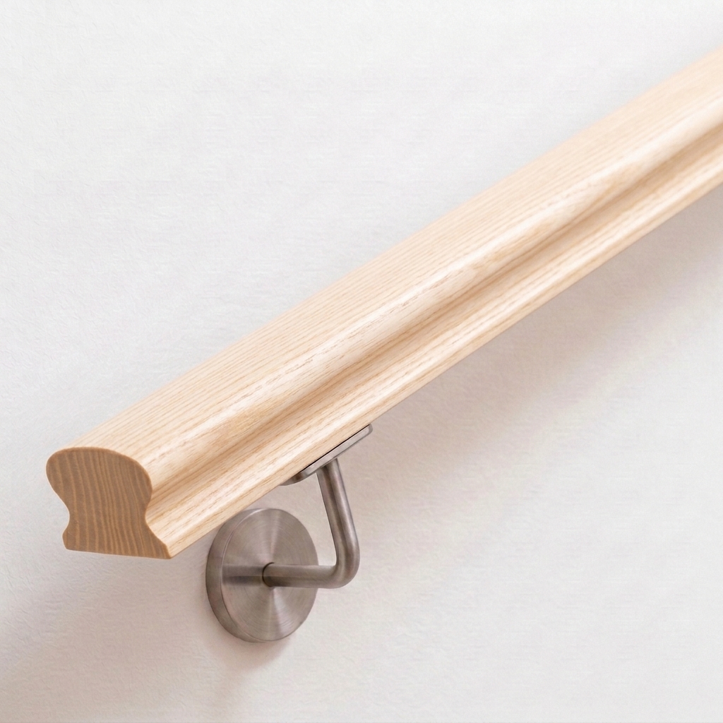 Handlauf Esche omega mit profiliertem Querschnitt in hellem Holz, Edelstahl-Handlaufhalter an weißer Wand, Ende gerade