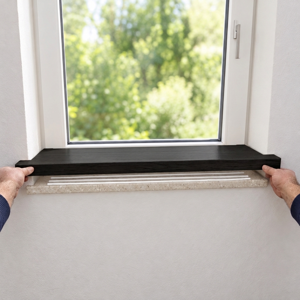 Renovierungsfensterbank Buche schwarz gebeizt wird mit beiden Händen auf die alte Steinfensterbank am Fenster aufgelegt